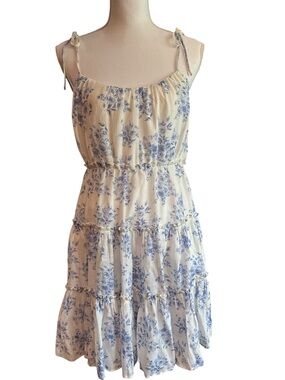 BLU PEPPER Cream and Blue Floral Tiered Dress sz L